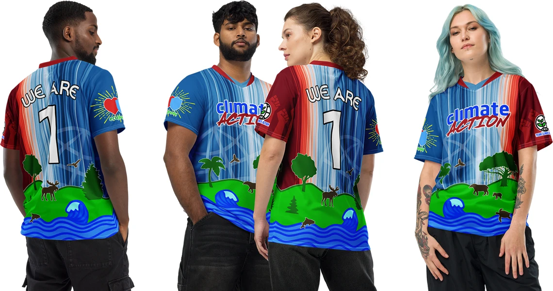 Two men and two women wearing Team Climate Action warming stripes shirt sports jerseys facing front and back on.